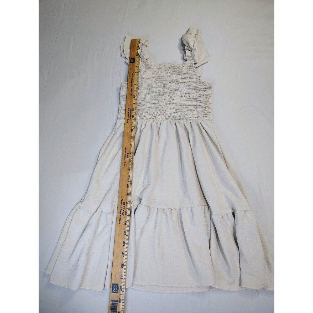 Beige Smocked Ruffle Sleeve Fit & Flare Dress Sz S Sun Dress Beach Coastal - Picture 2 of 5